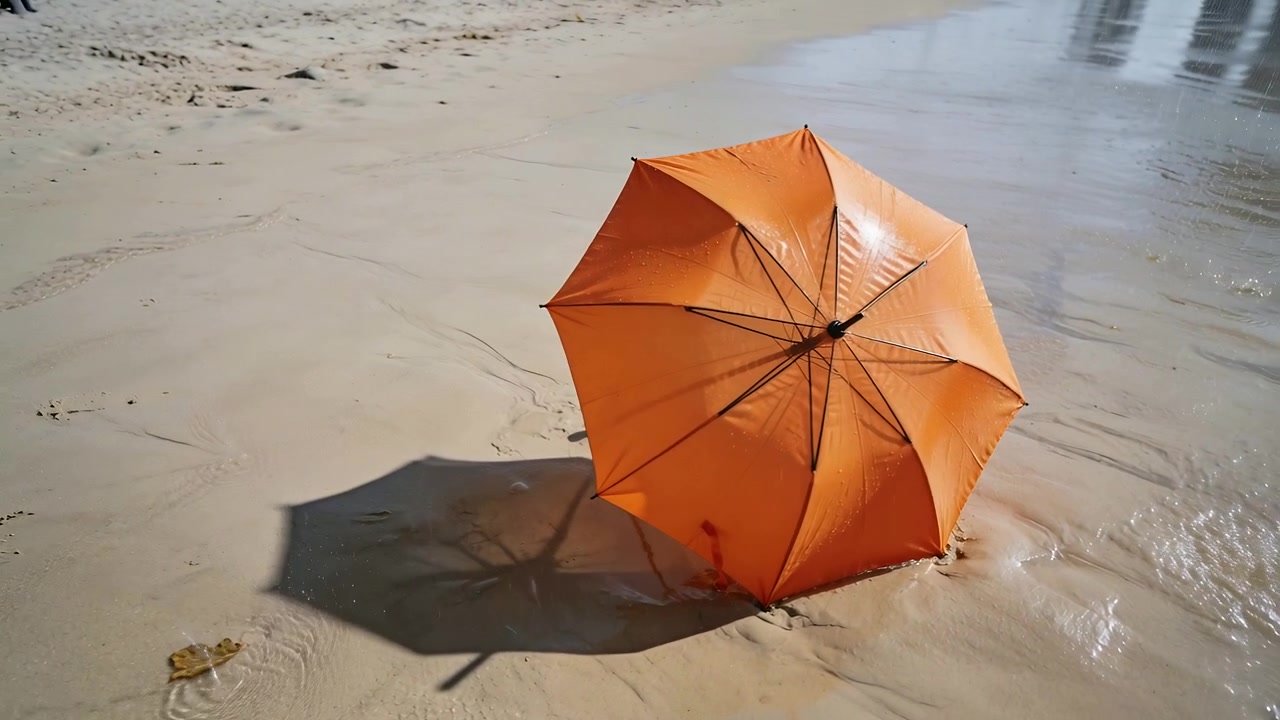 Kameraet bevæger sig tættere på for at indramme en orange paraply på en våd strand, viser skiftende skygge og krusninger.