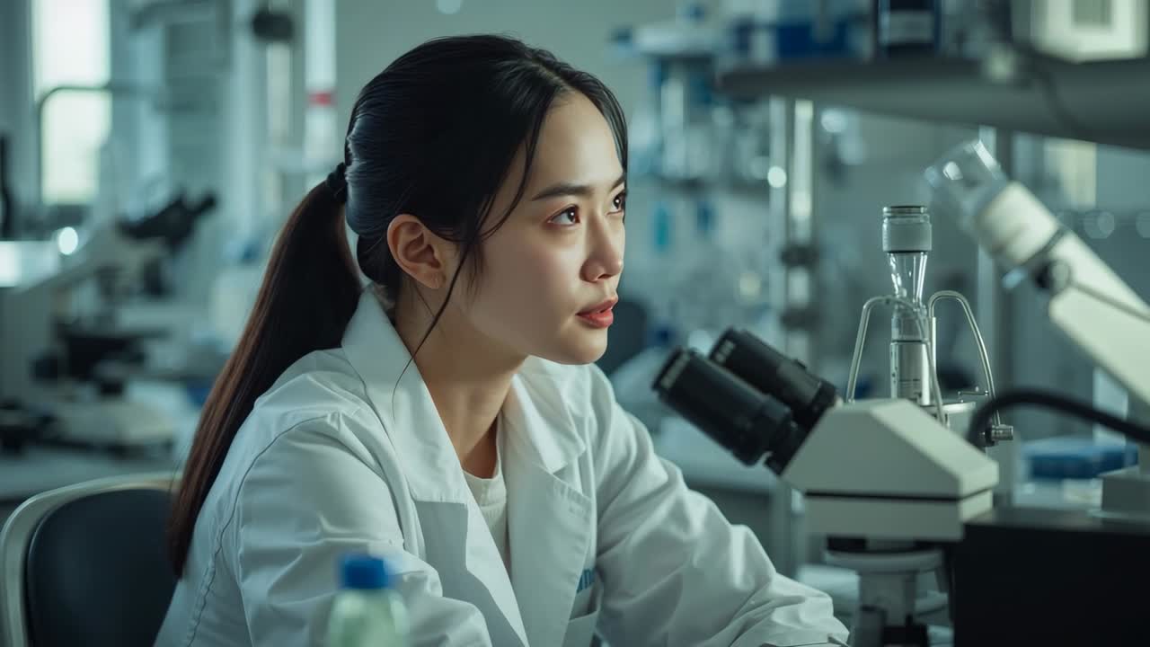 Reacting scientist in lab coat, turning gaze at bench toward off-screen movement by microscope