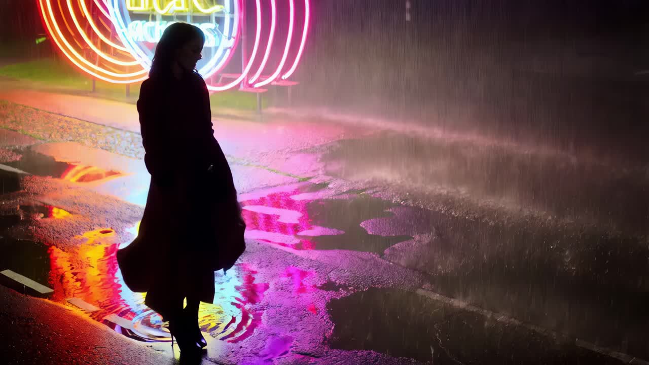 mujer en la lluvia, luces de neón