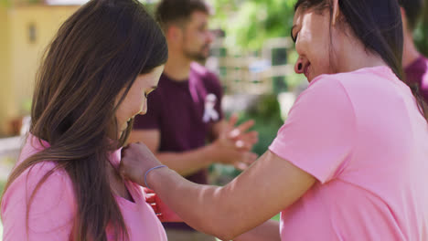 two happy diverse women one pinning breast cancer ribbon to t shirt, talking and laughing in park