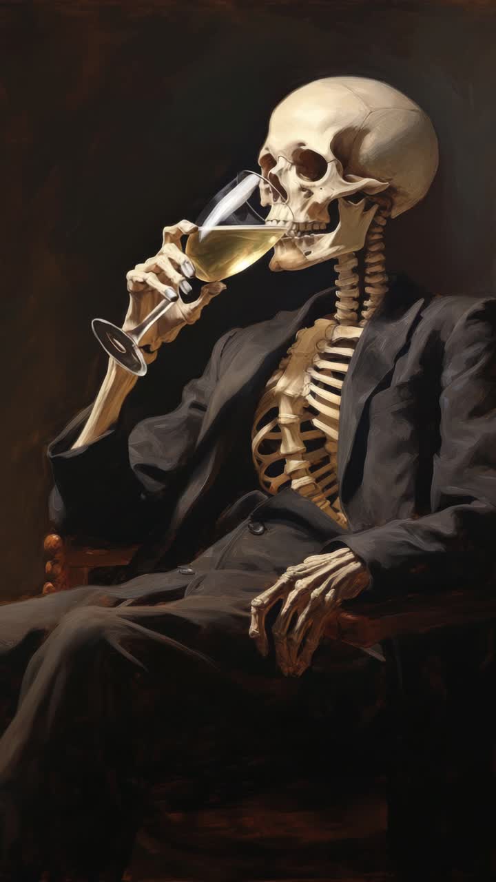 A skeleton in a suit sips wine, seated in a chair. The low-angle shot adds drama, resembling a video