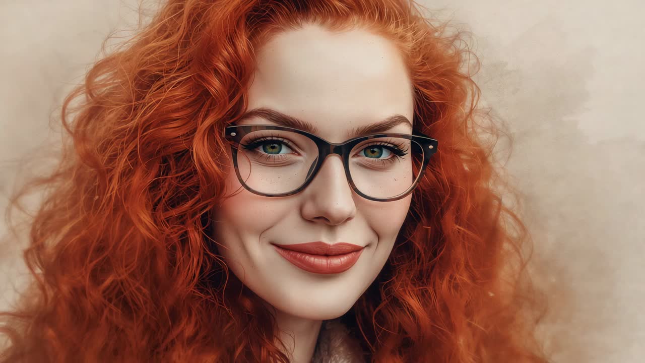 Woman adjusting curly hair and framing face in beige studio after opening shot, with eyeglasses