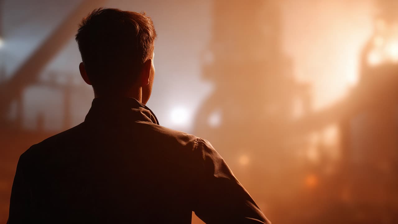 Contemplando l'innovazione: una silhouette su sfondo industriale, che cattura l'intensità e il potenziale degli ambienti e delle tecnologie di produzione moderni.