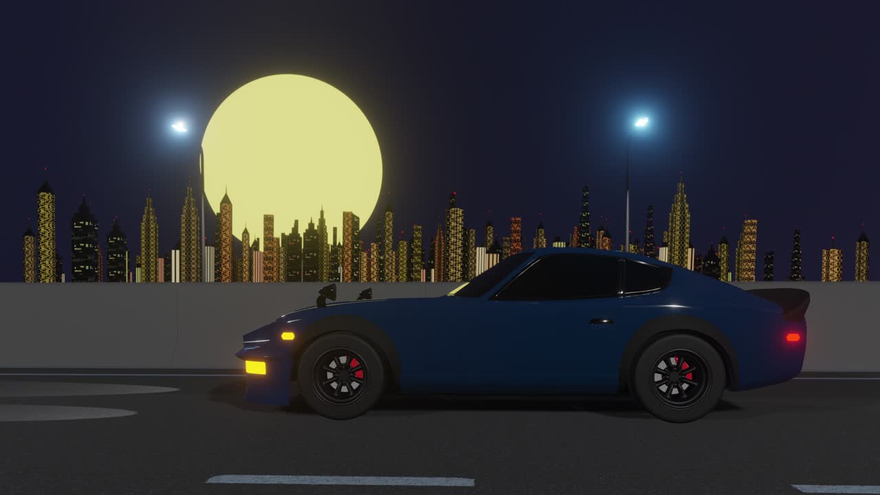 야간 도시 배경으로 레트로-푸투리스틱 80년대 스타일 드라이브: 고속도로 도로에서 움직이는 자동차, 음악 비디오를 위한 vj synthwave 루핑 3d 애니메이션.