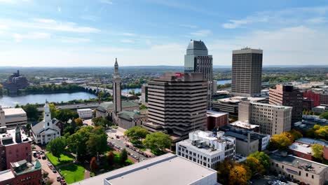 aerial push into springfield massachusetts in background