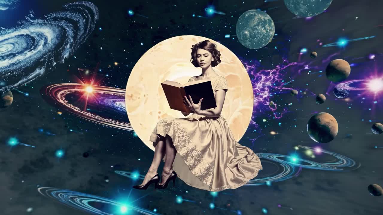 Surreal video art with a vintage woman reading in space, surrounded by planets and galaxies