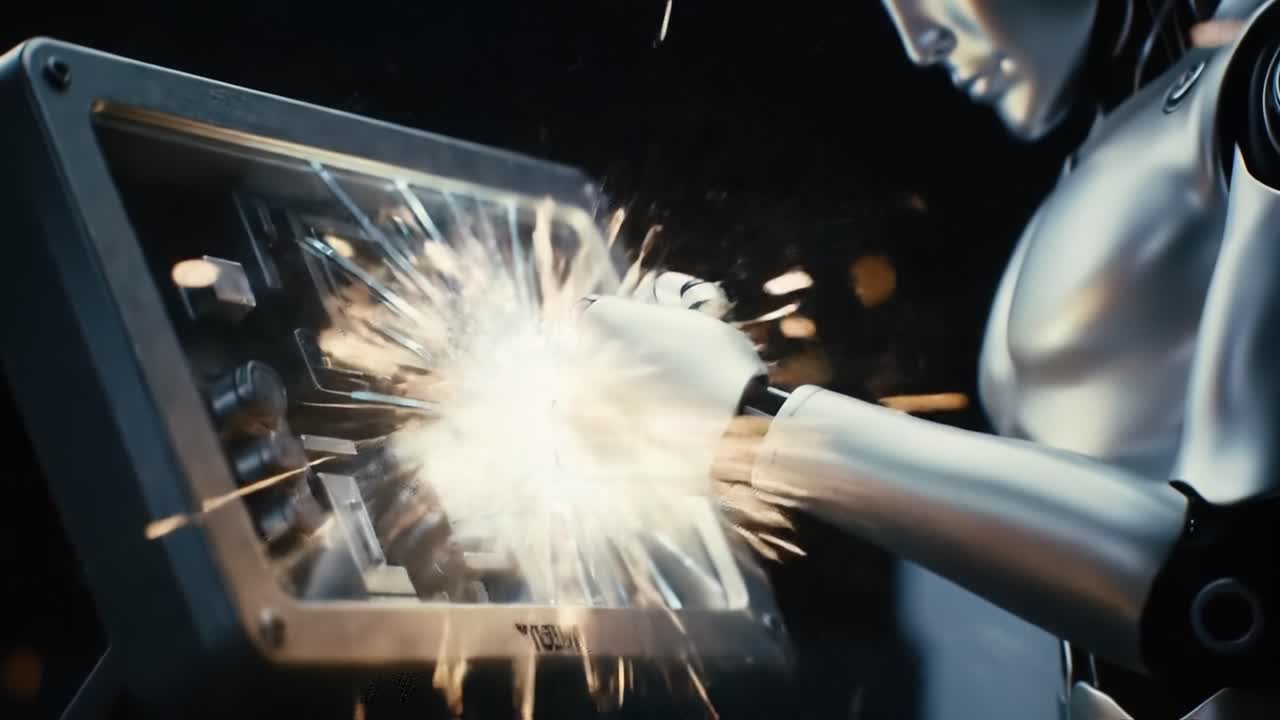 A Futuristic Robot Demonstrates Strength and Precision by Cracking a Control Panel with a Powerful Strike, Showcasing Advanced Technology and Design in Action