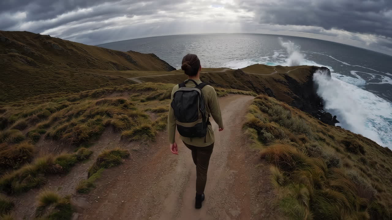 Woman Hiking along the Ocean Coast