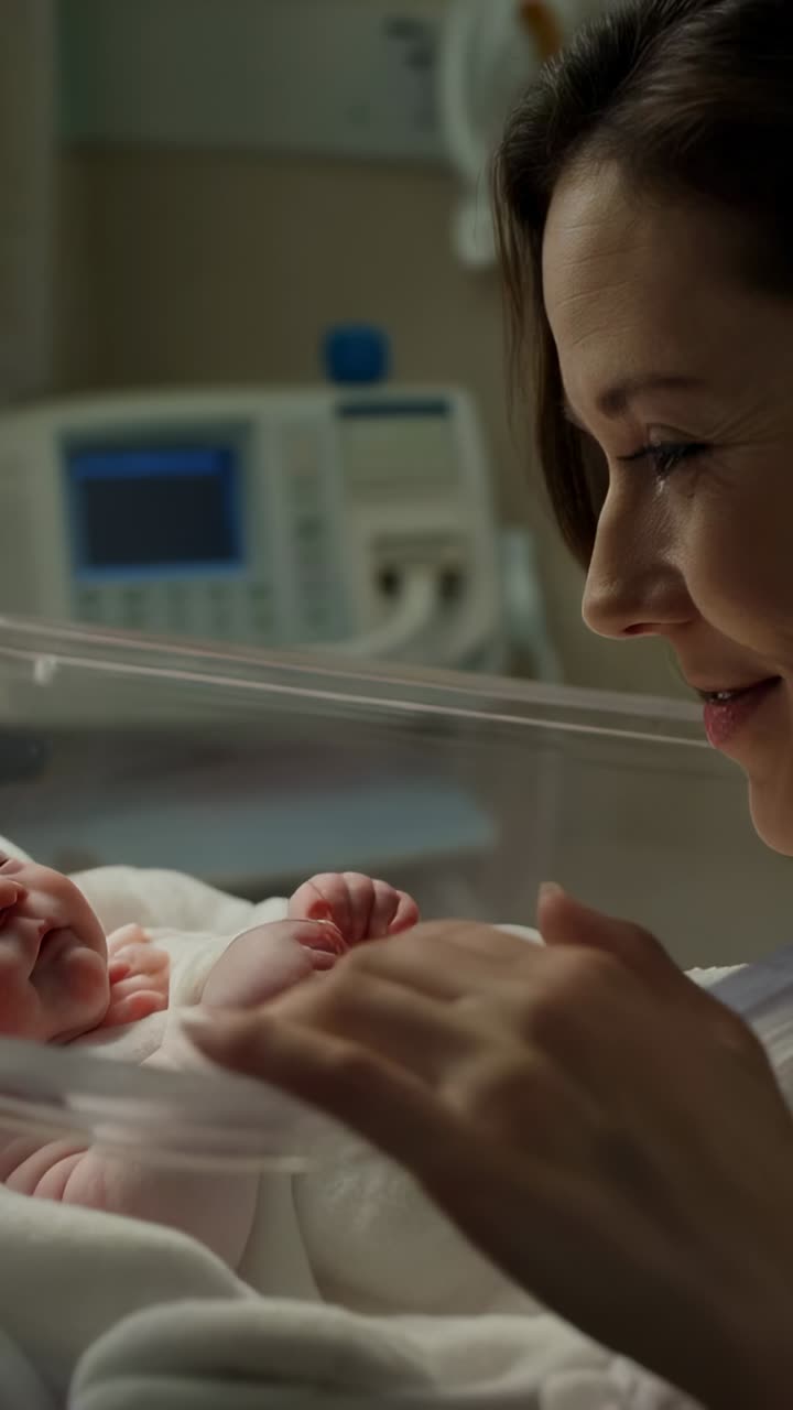 Video verticale: una madre in camicia da notte reagisce ai movimenti del suo bambino mentre si china sulla culla in ospedale, monitor