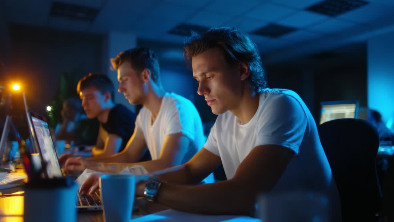 In a dimly lit workspace, a group of focused individuals engage deeply with their laptops, surrounded by glowing screens and soft ambient light, showcasing a blend of creativity and collaboration during their nighttime endeavors