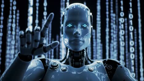 futuristic humanoid robot interacts with digital data streams, featuring glowing blue eyes and intricate mechanical design, set against a backdrop of flowing binary code