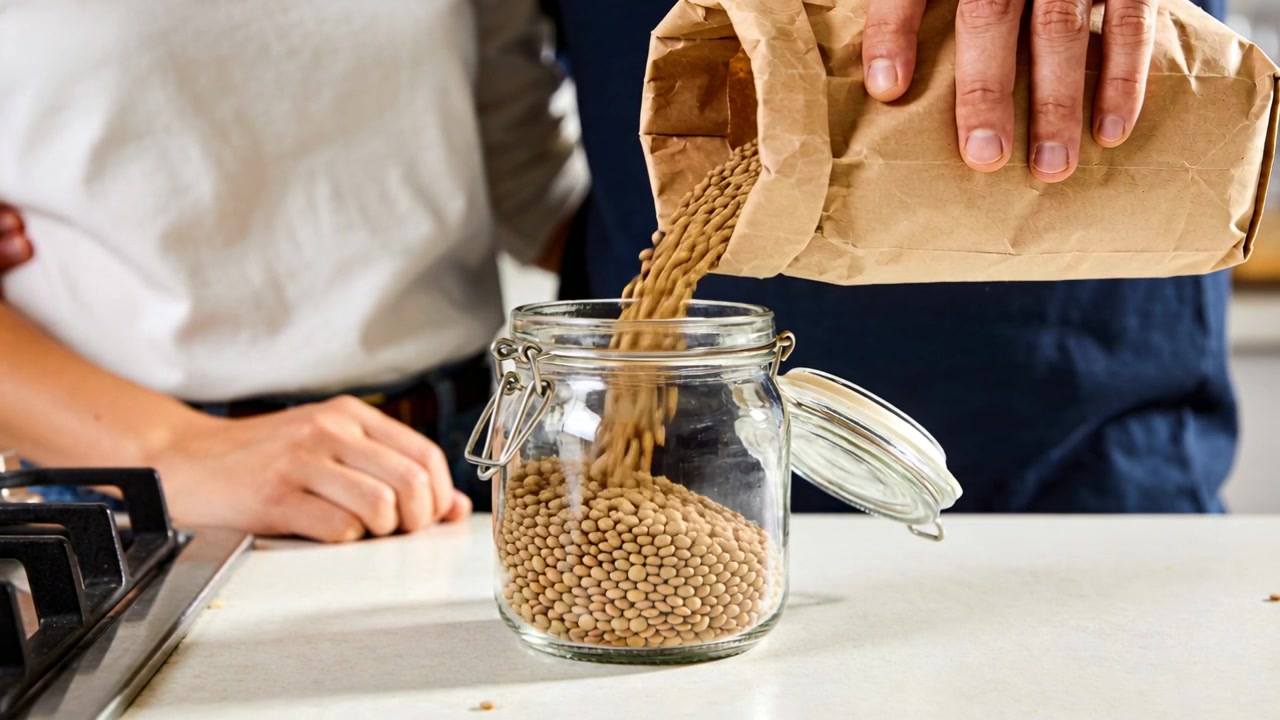 Un uomo con un grembiule scuro versa il contenuto da un sacchetto marrone, riempiendo un barattolo di vetro sul bancone della cucina per conservarlo.