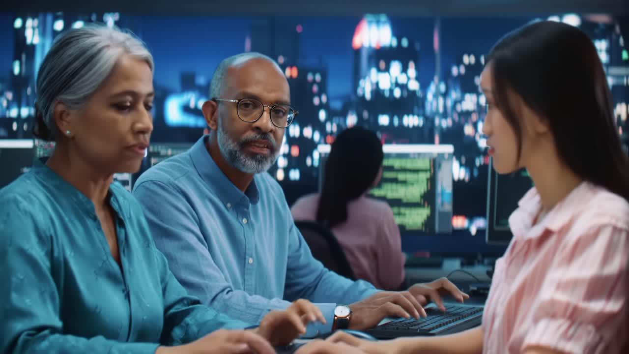Team of Diverse Professionals Collaborates in a High-Tech Office Environment, Engaged in Data Analysis and Problem Solving While Surrounded by Night City Lights