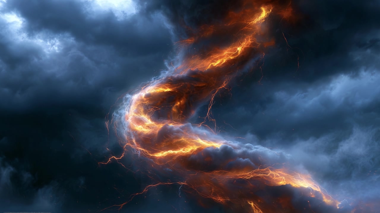 Uno spettacolo ipnotizzante di fulmini vorticosi illumina le nuvole turbolente, creando un'atmosfera drammatica ed elettrizzante nel cielo tempestoso, catturando la furia e la bellezza della natura.