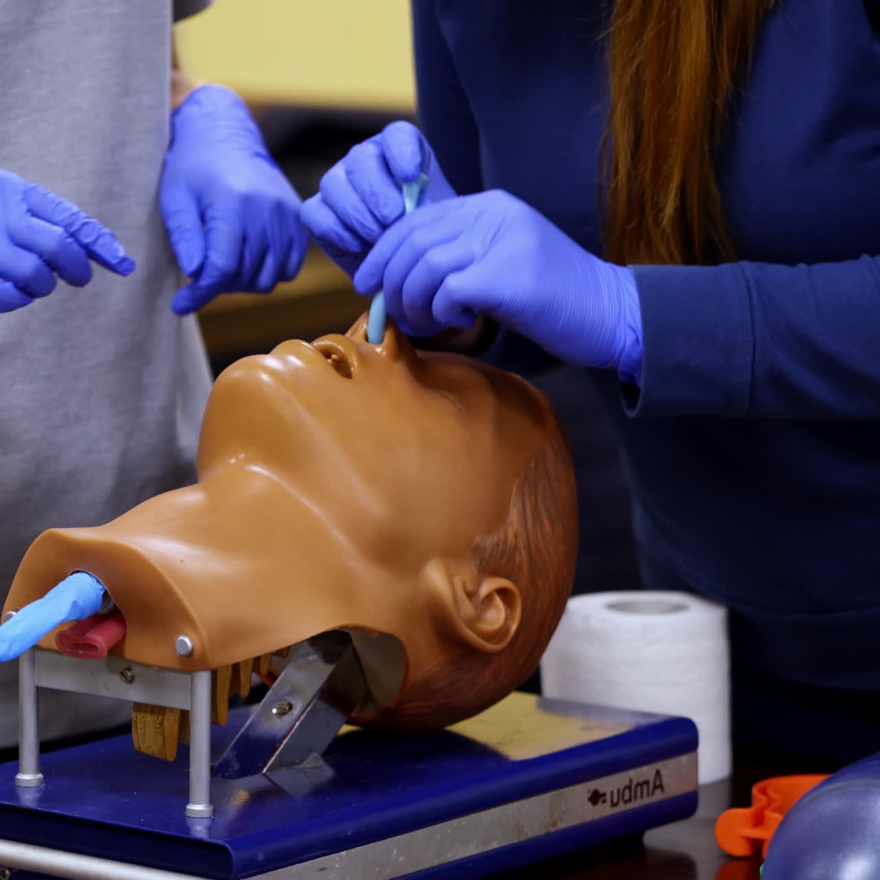 Dummy`s head and intubation set for advance cardiac life support training. Detailed training medical equipment