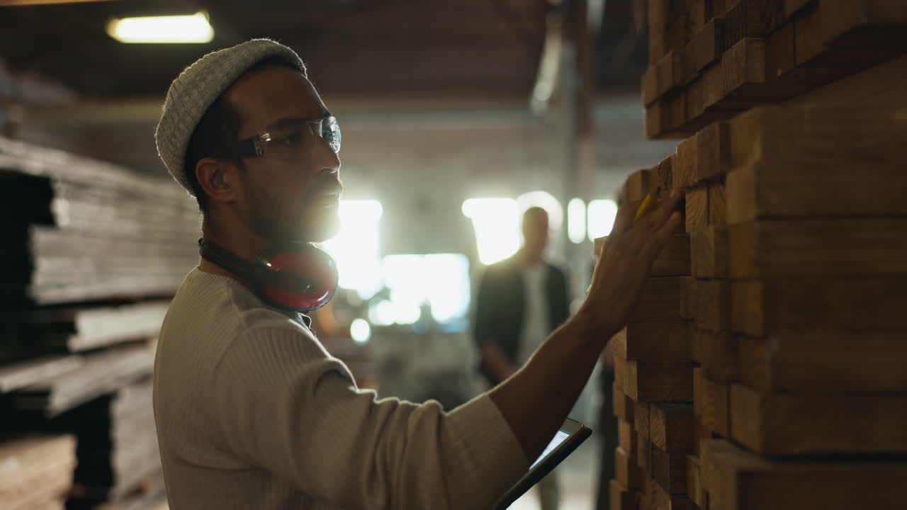 A carpenter checking lumber in a warehouse