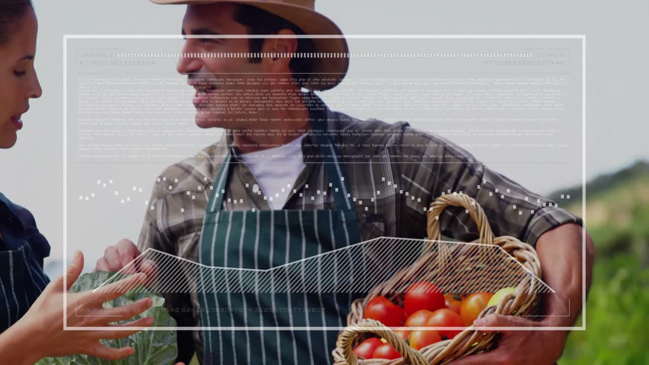 Ein Kunde zeigt einem Bauernverkäufer, der Tomaten trägt, Kohl, während ein animiertes Marmeladen-Symbol die Auswahl kennzeichnet.