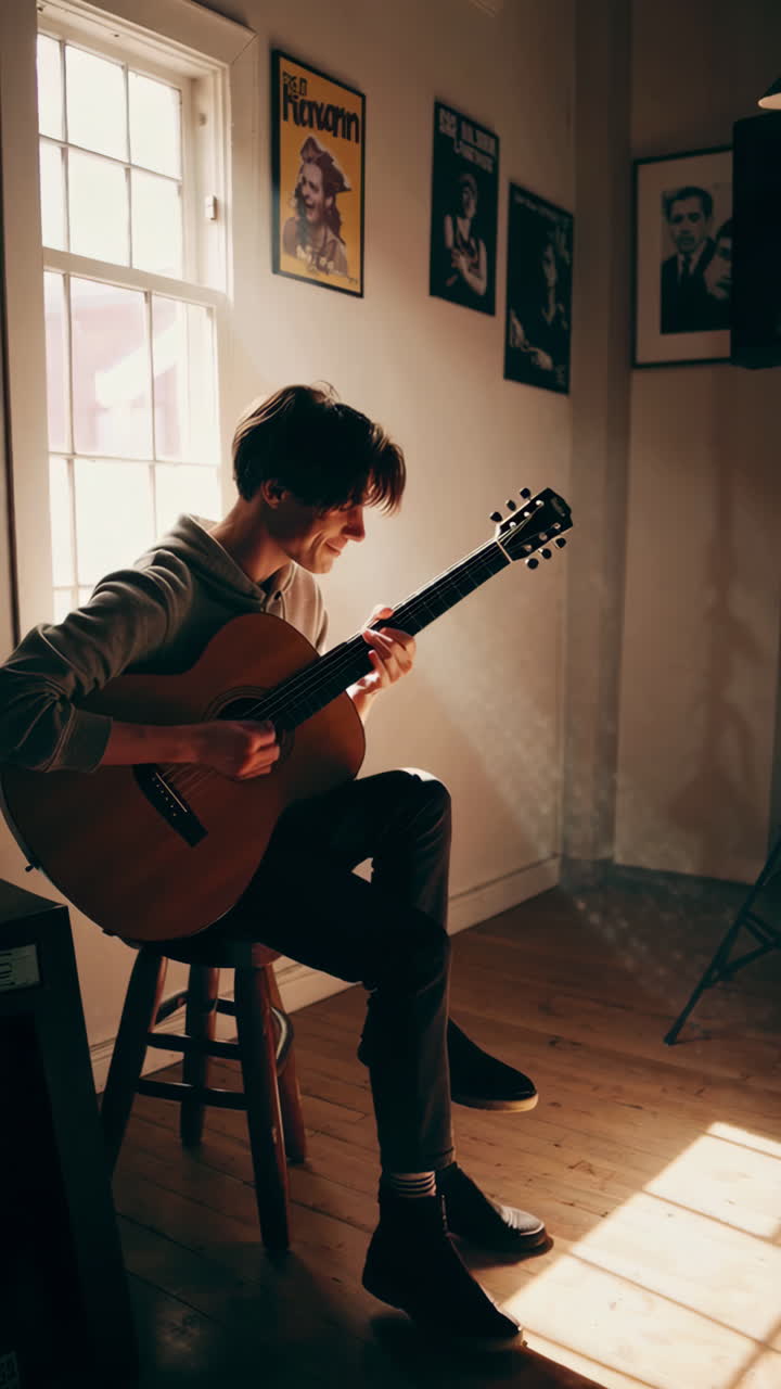 Person playing acoustic guitar in a room with posters