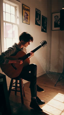 person playing acoustic guitar in a room with posters