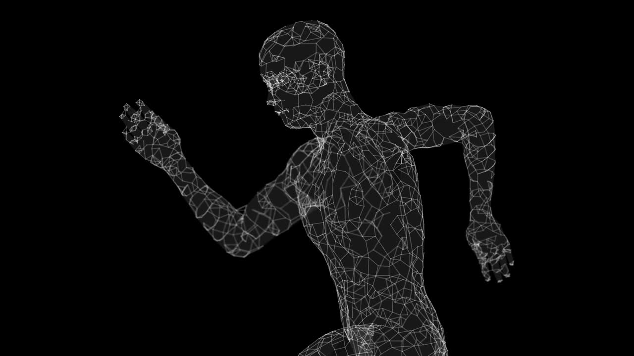 한 남자가 검은 바탕에서 달리고 있다.