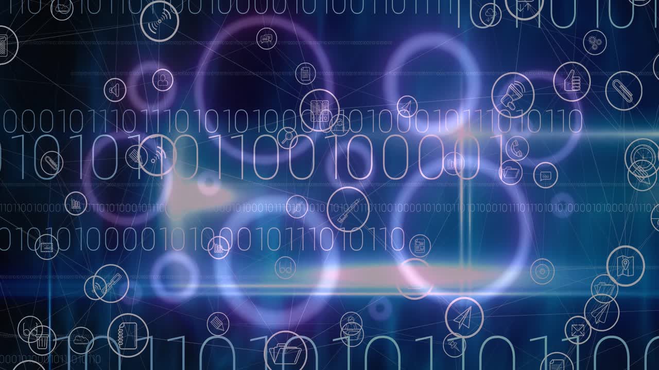 디지털 아이콘과 바이너리 코딩의 애니메이션이 배경에 보라색 빛나는 원 위에 있습니다.