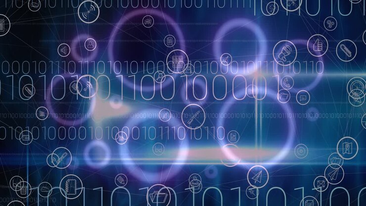 Animation of digital icons and binary coding over purple glowing circles in background