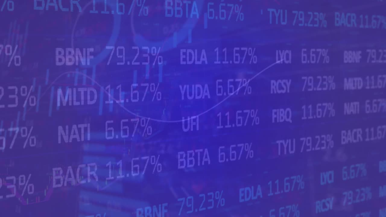 Animation of statistical and stock market data processing against blue background
