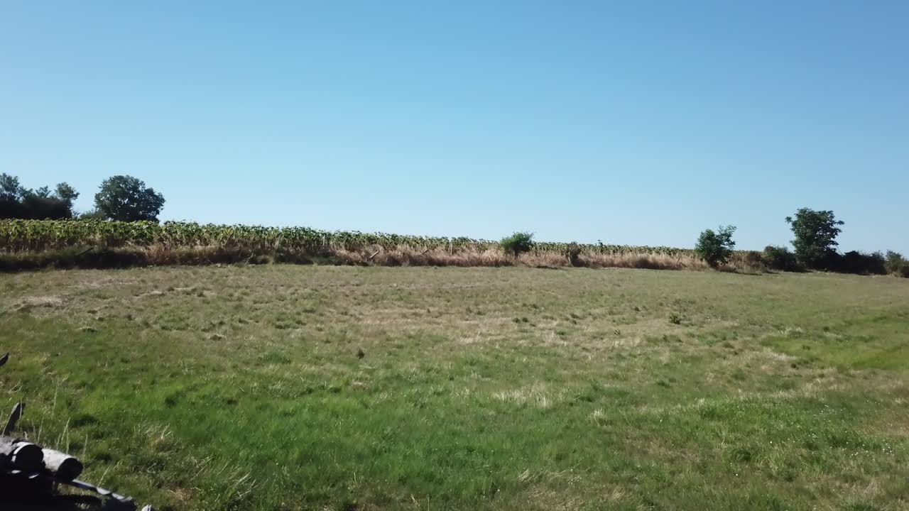 el disparo del dron comienza desde el suelo con bosques hasta el plano aéreo del campo