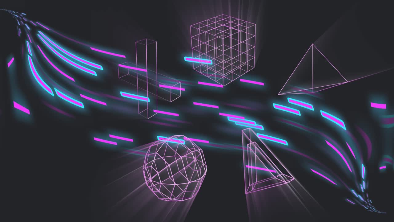 animación de formas 3d que se mueven sobre senderos de luz