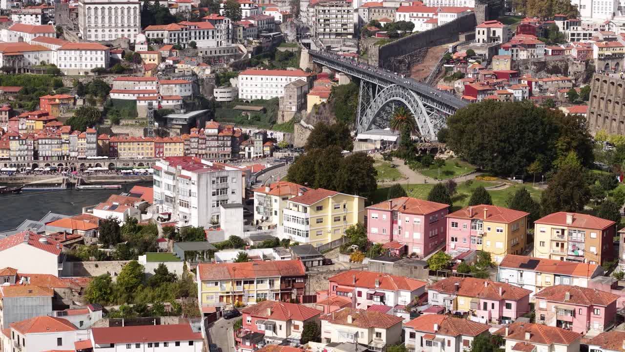 Aerial View of Porto, Portugal, Ribeira and Dom Luis I Bridge From Morro Park, Drone Shot