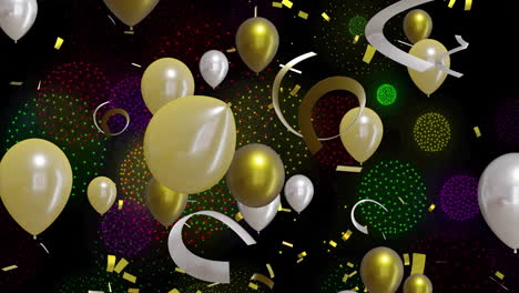 Animation-of-gold-and-silver-balloons-with-fireworks-on-black-background