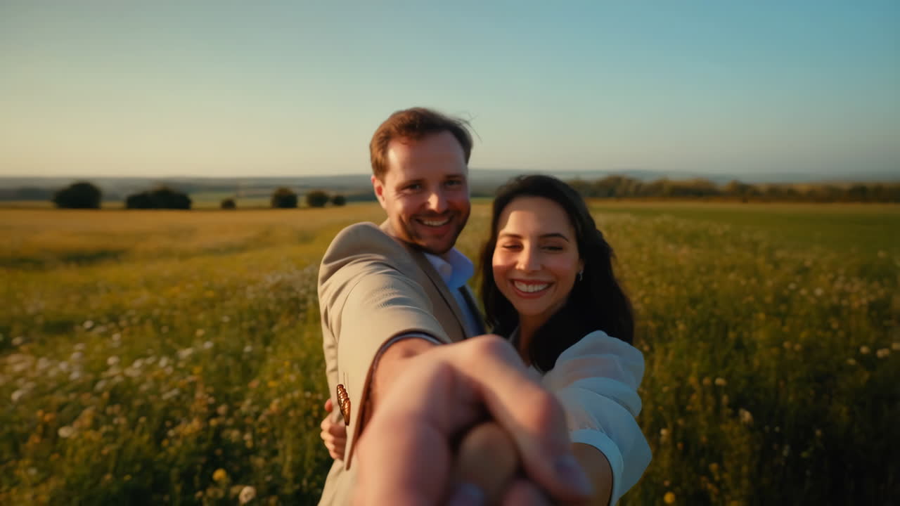 Happy Couple Holding Hands in a Sunny Field
