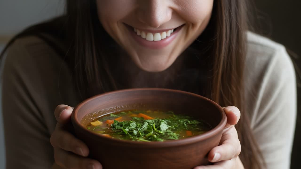 Joyful Moment: A Young Woman Delights in a Bowl of Steaming, Freshly Prepared Soup, Emitting Aromatic Scents and Vibrant Colors While Showcasing Her Enthusiastic Smile