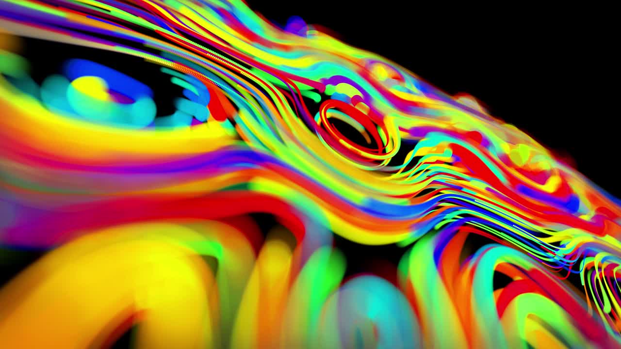 el flujo de partículas forma líneas rizadas como rastros de brillo de diferentes colores, las líneas forman un patrón giratorio como ruido de rizado. abstracto 3d bucle de flujo de animación como fondo festivo creativo brillante