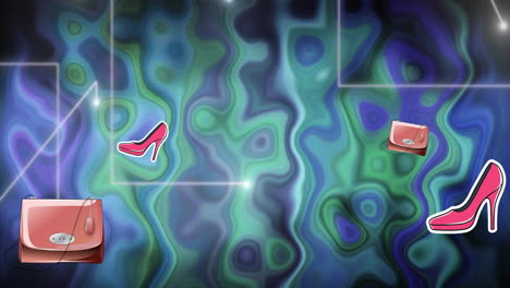 animación de tacos altos rosados y bolsas marrones sobre senderos de luz en un fondo colorido