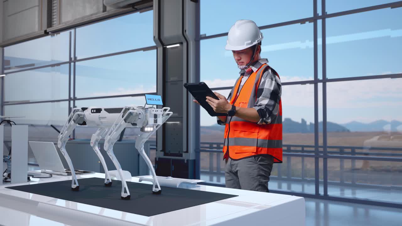 vista lateral completa del cuerpo de un ingeniero masculino asiático con casco de seguridad trabajando en una tableta mientras está de pie en una fábrica de alta tecnología, analizando el concepto de máquina robótica