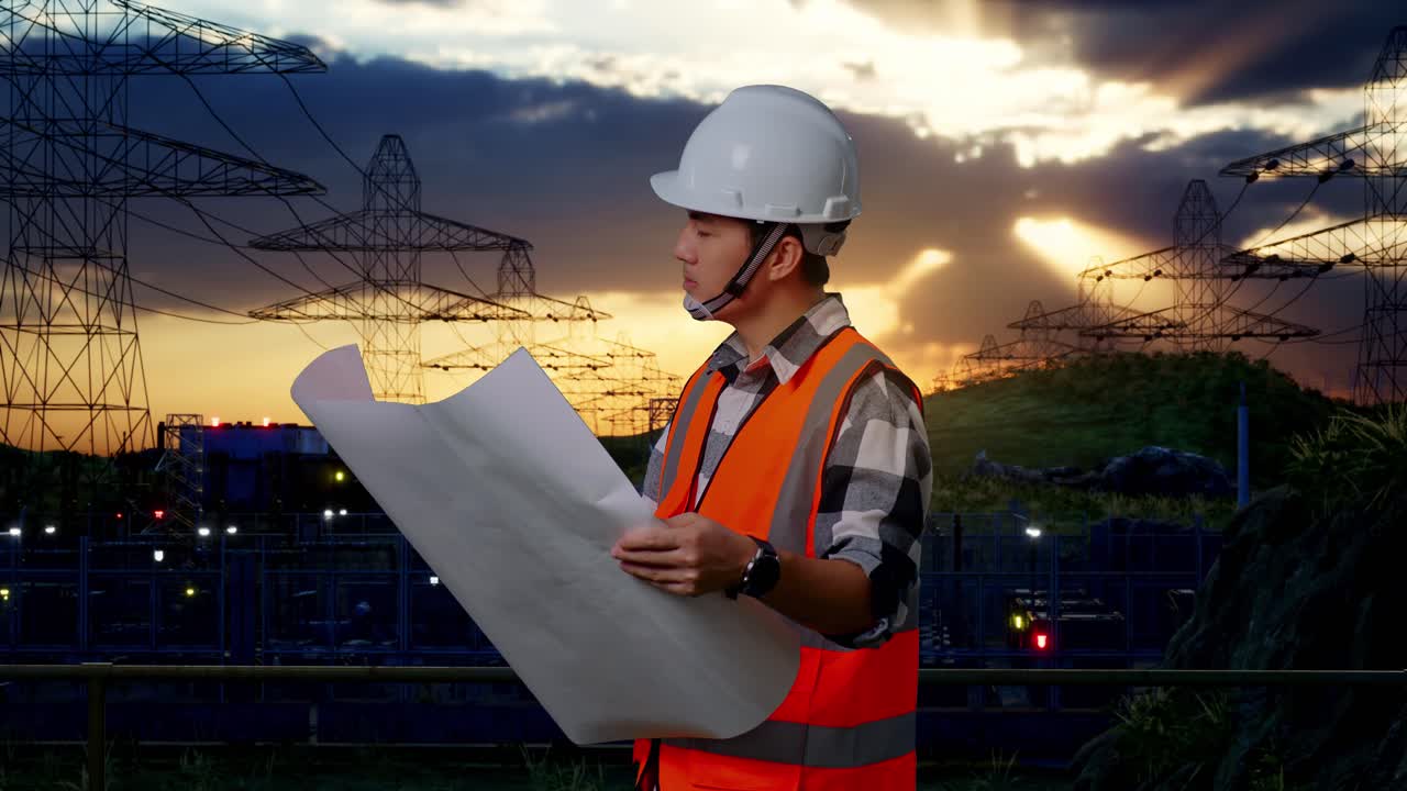 vista lateral de un ingeniero masculino asiático con casco de seguridad mirando el plano en sus manos y mirando a su alrededor mientras está de pie cerca de la torre de alto voltaje