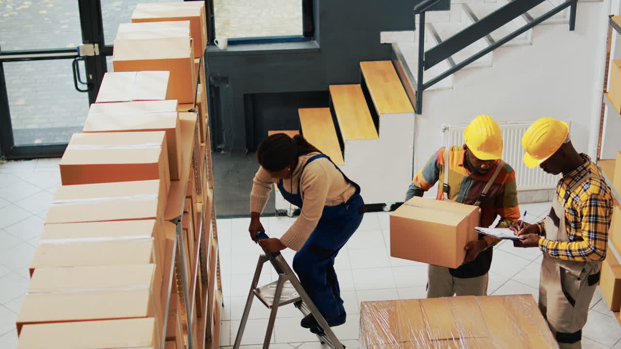 Warehouse workers organizing and managing inventory