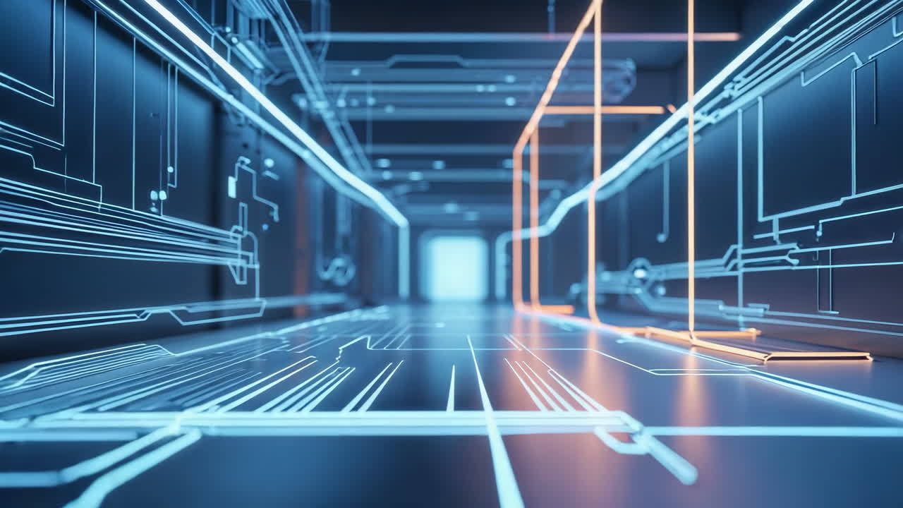 Futuristic Digital Corridor with Glowing Circuits