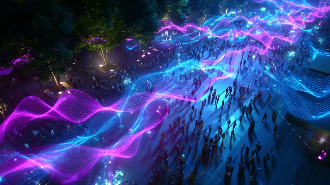 An Aerial View of a Vibrant Night Scene Featuring a Crowd of People Interacting Amidst Dynamic Light Waves of Pink and Blue, Creating a Captivating Atmosphere of Energy and Excitement