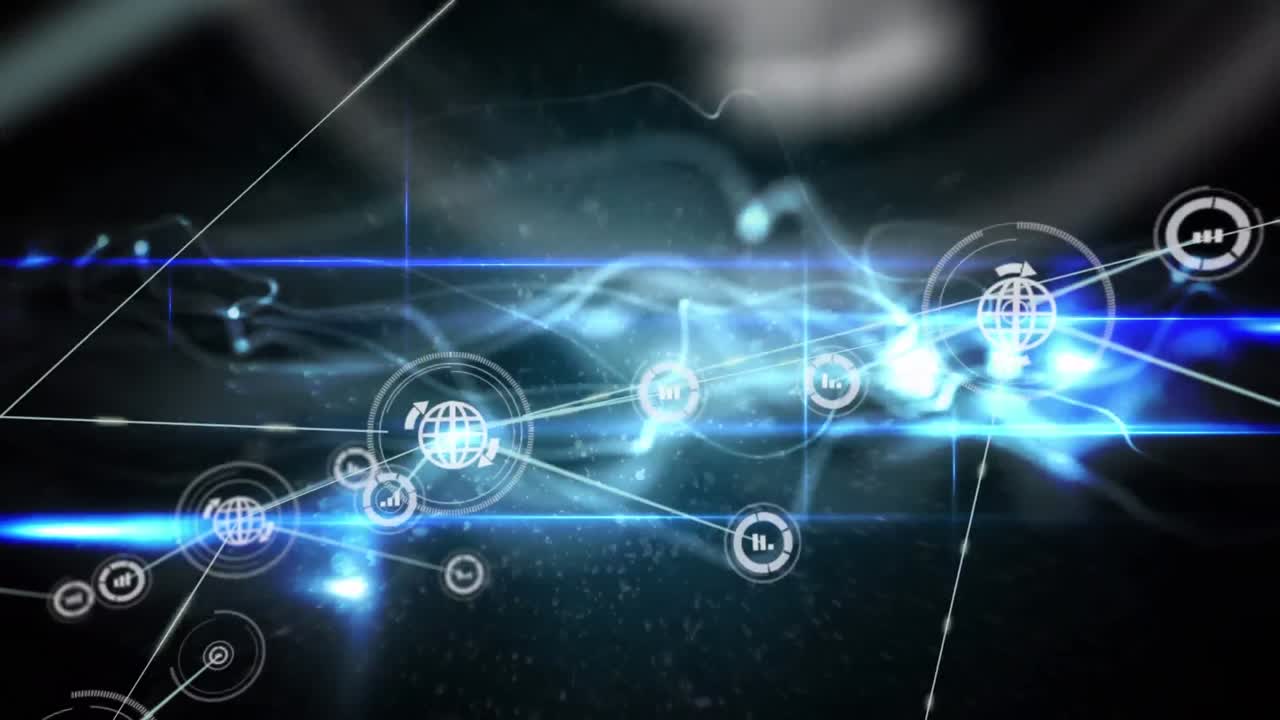 animación de redes de conexiones con iconos sobre fondo negro