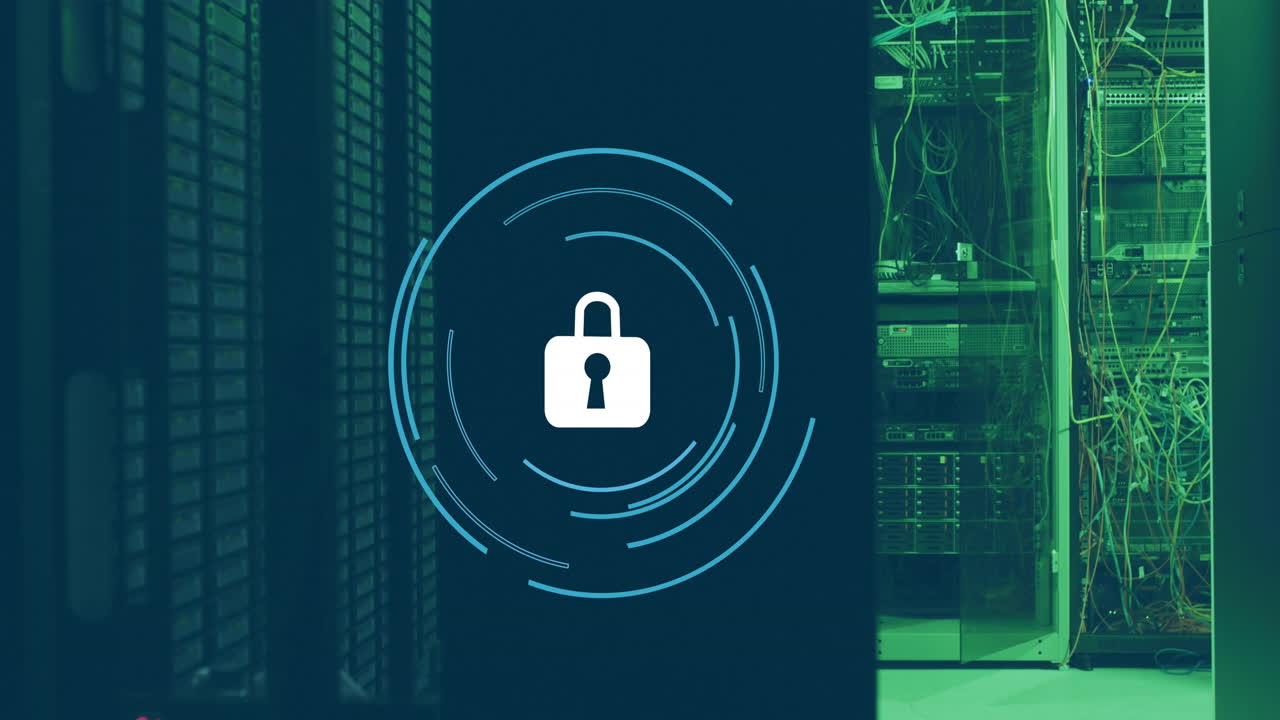 Animation of padlock in loading circles over data server system in server room