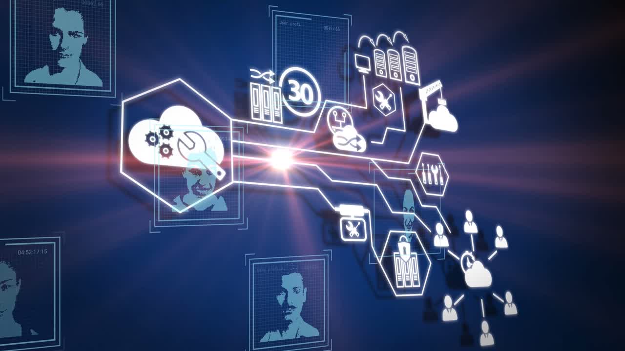 animación del procesamiento de datos sobre un fondo azul