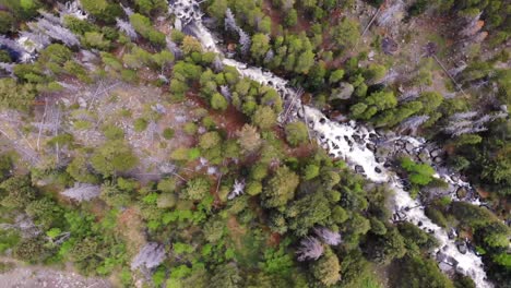 Aerial-overhead-shot-of-a-stream-of-water-going-down-the-mountains-of-Estes-Park-in-Colorado