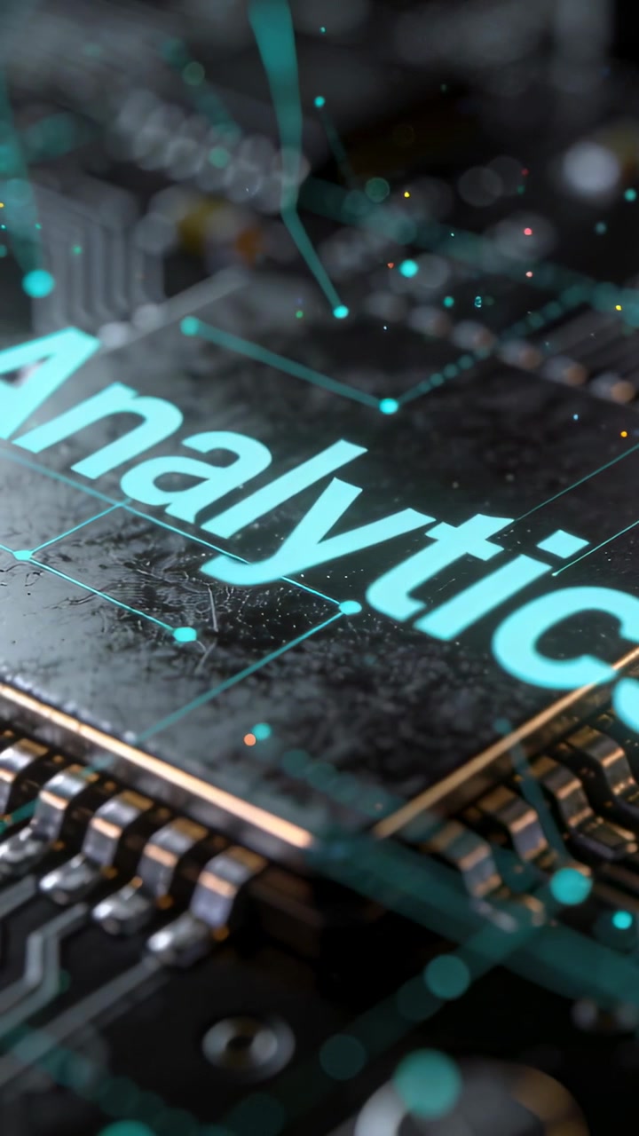 Vertical video: Shifting camera revealing IC showing Analytics on PCB, forming denser data overlay