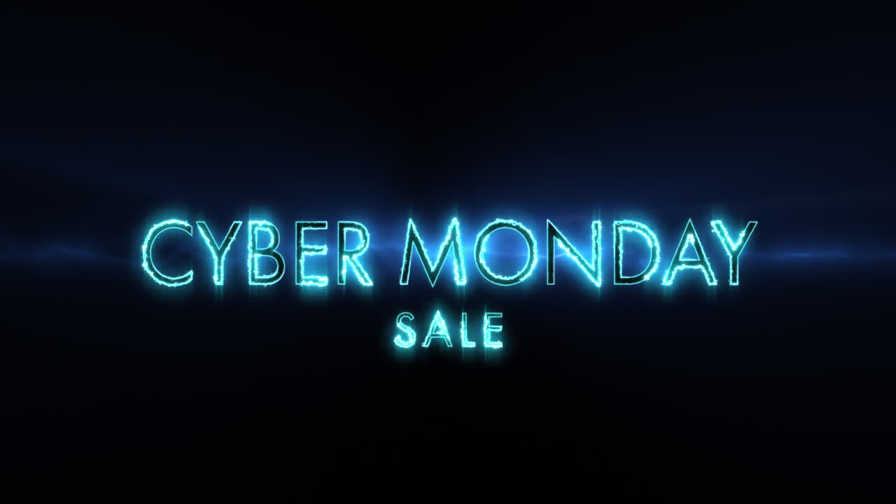 Neon blue Cyber Monday sale text appearing against a black screen 4k