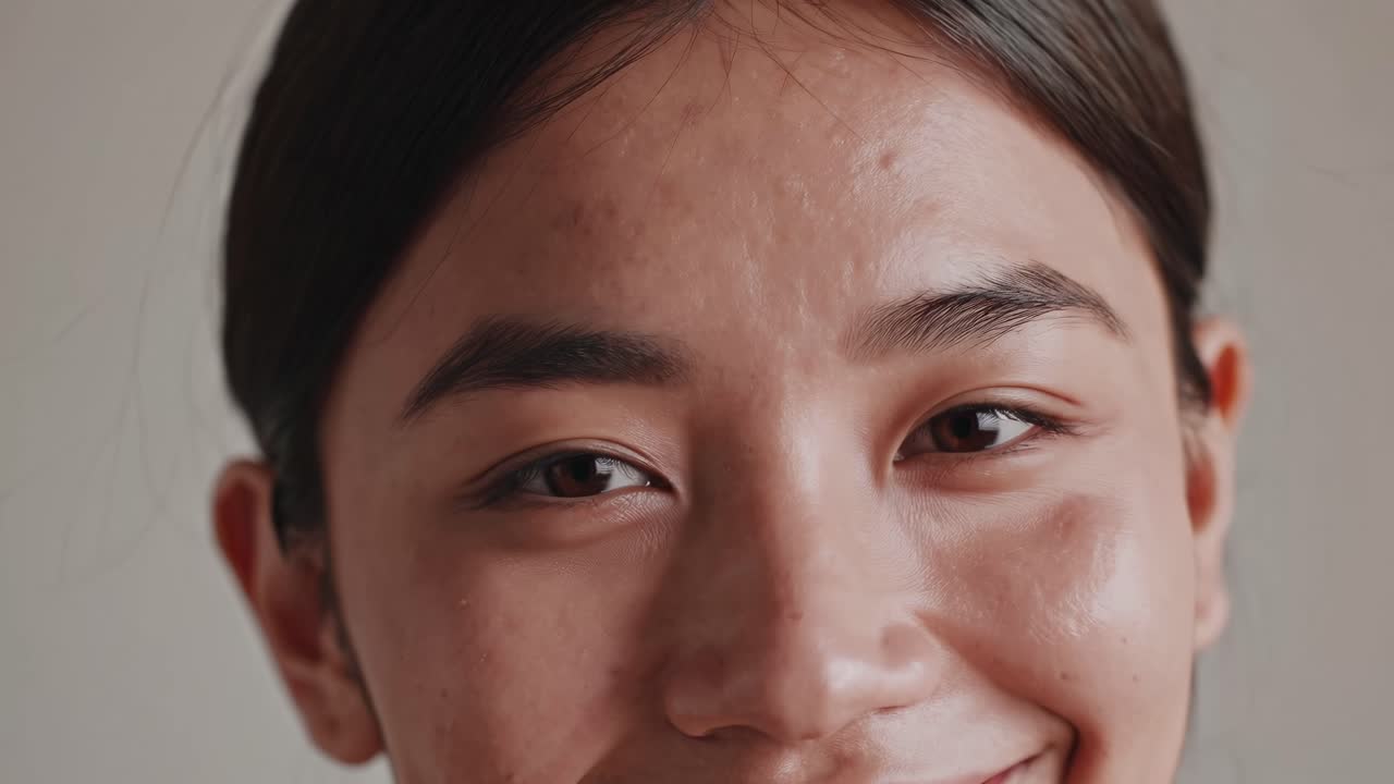 Close-up video shot of a young woman smiling, captured at eye level