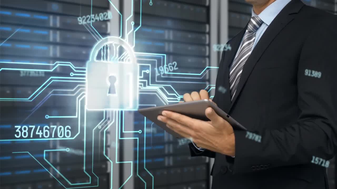 animación de números y candado sobre hombre de negocios en la sala de servidores