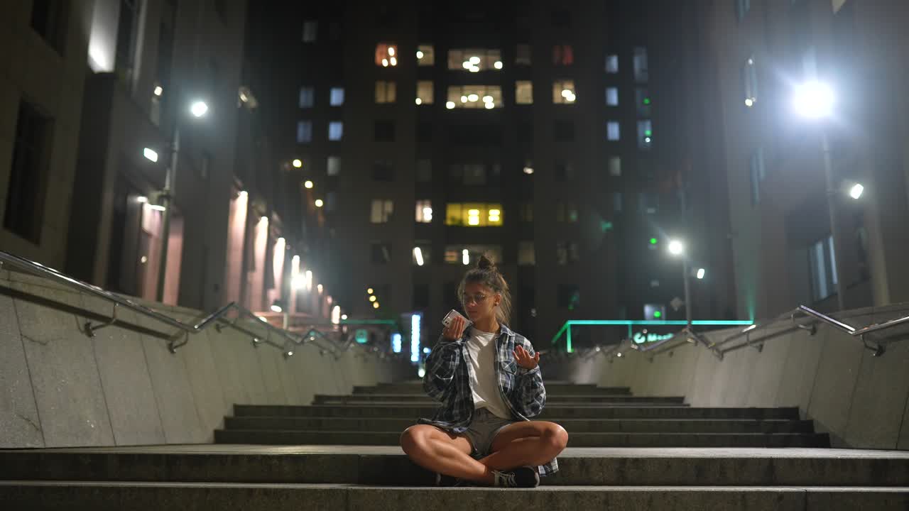 mujer sentada en las escaleras por la noche