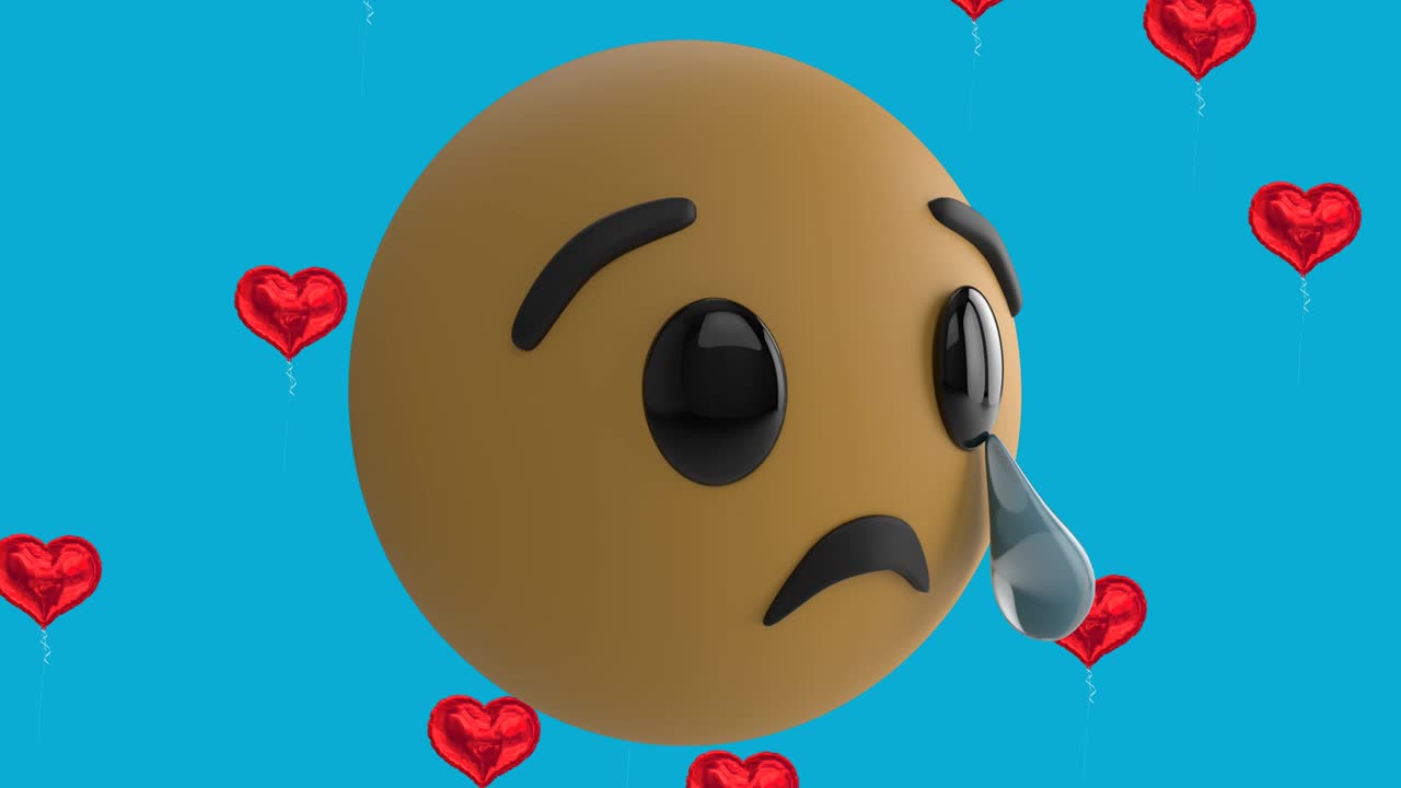 파란색 배경에 빨간색 심장 풍선 아이콘과 함께 울고 있는 이모지 아이콘의 애니메이션